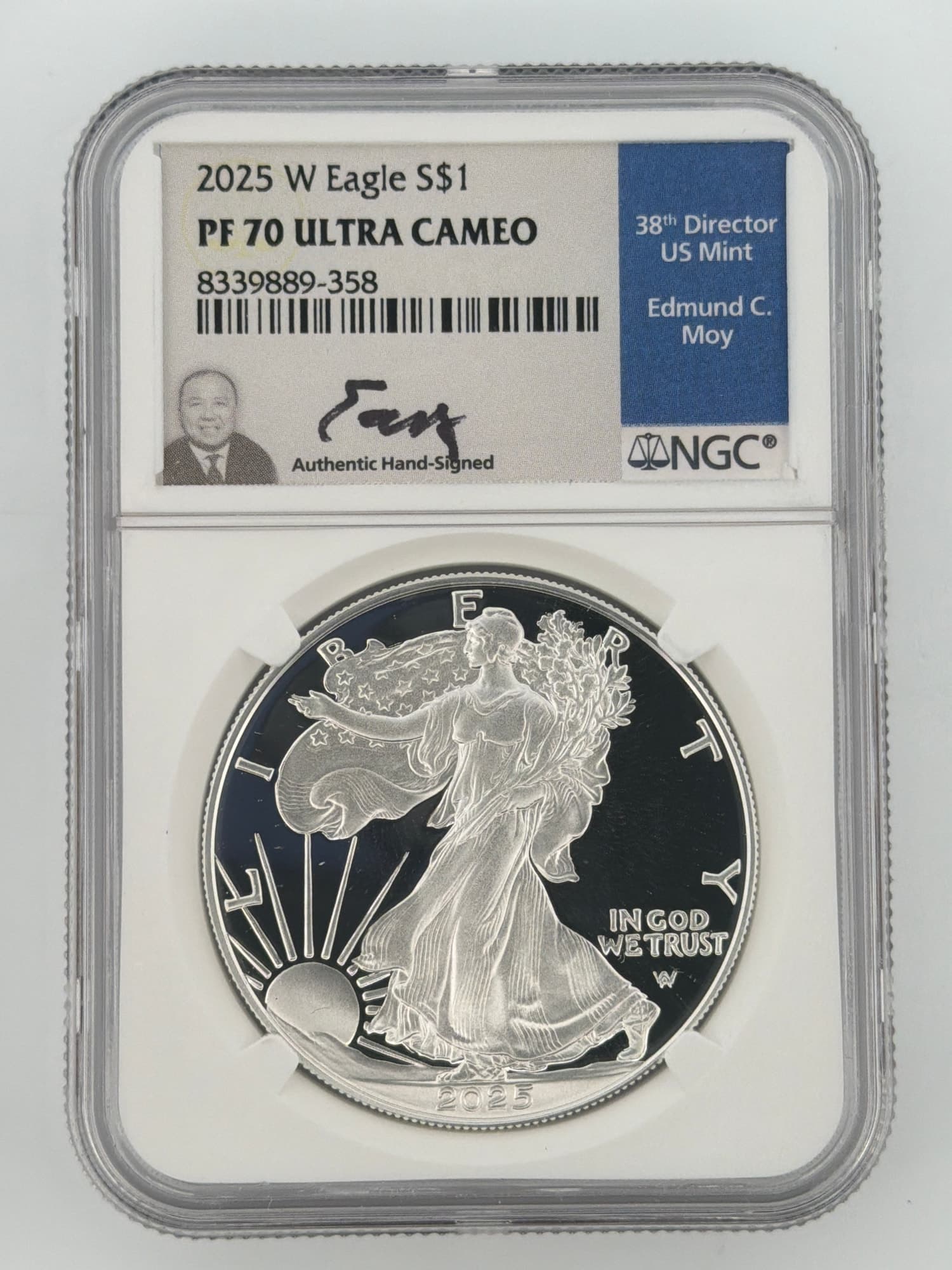 2025-W American Silver Eagle NGC PF70 Ultra Cameo obverse in slab with Edmund C. Moy hand-signed label