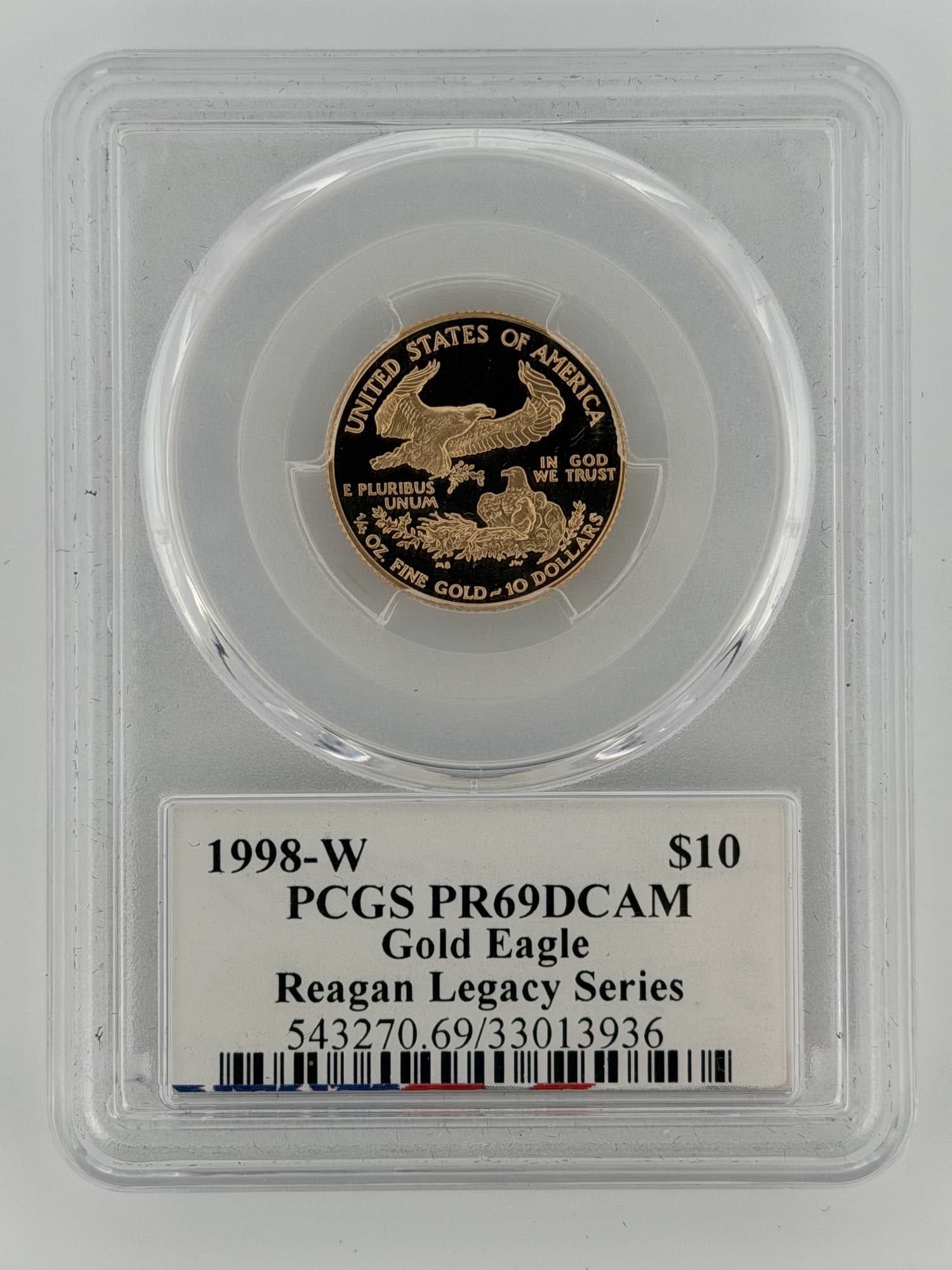 1998-W $10 American Gold Eagle Proof PCGS PR69DCAM Reagan Legacy Series slab reverse showing nesting eagle design and certification label