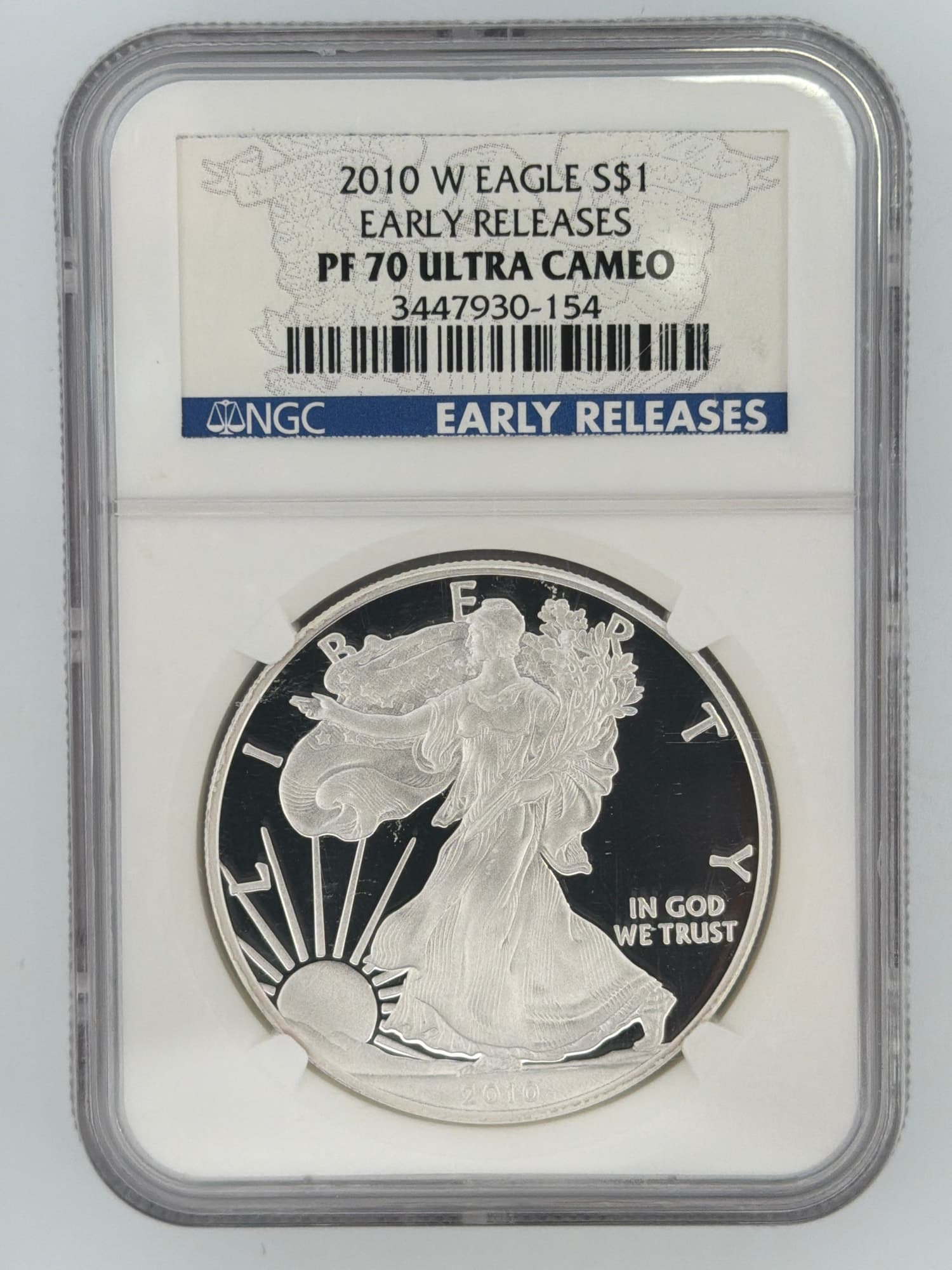 2010-W American Silver Eagle NGC PF70 Ultra Cameo Early Releases slab obverse showing Walking Liberty design and NGC label