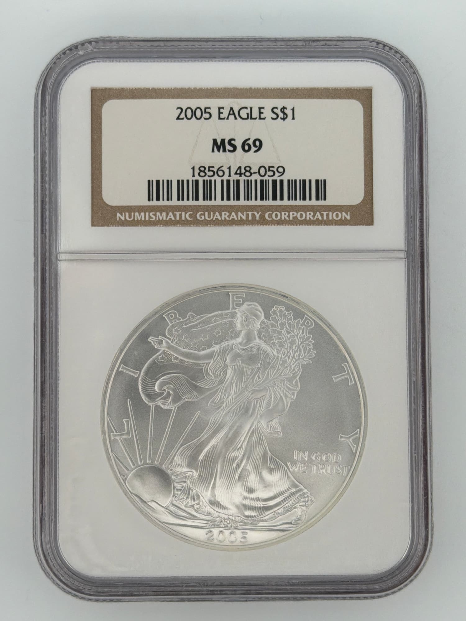 2005 American Silver Eagle NGC MS-69 obverse showing Walking Liberty design in NGC slab with label