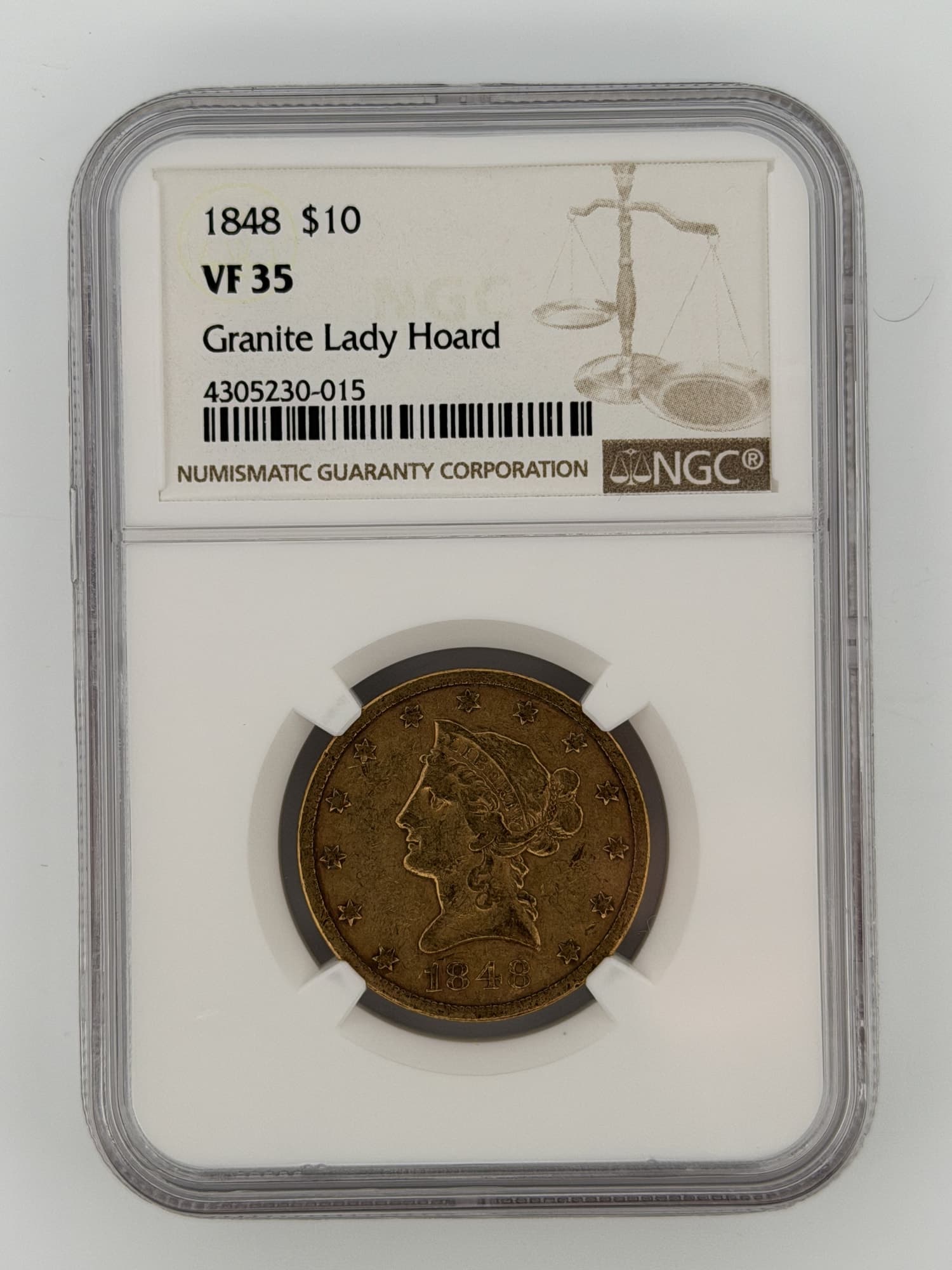 1848 Liberty Head Eagle $10 Gold NGC VF35 Granite Lady Hoard obverse in NGC slab showing Coronet Liberty portrait and 13 stars
