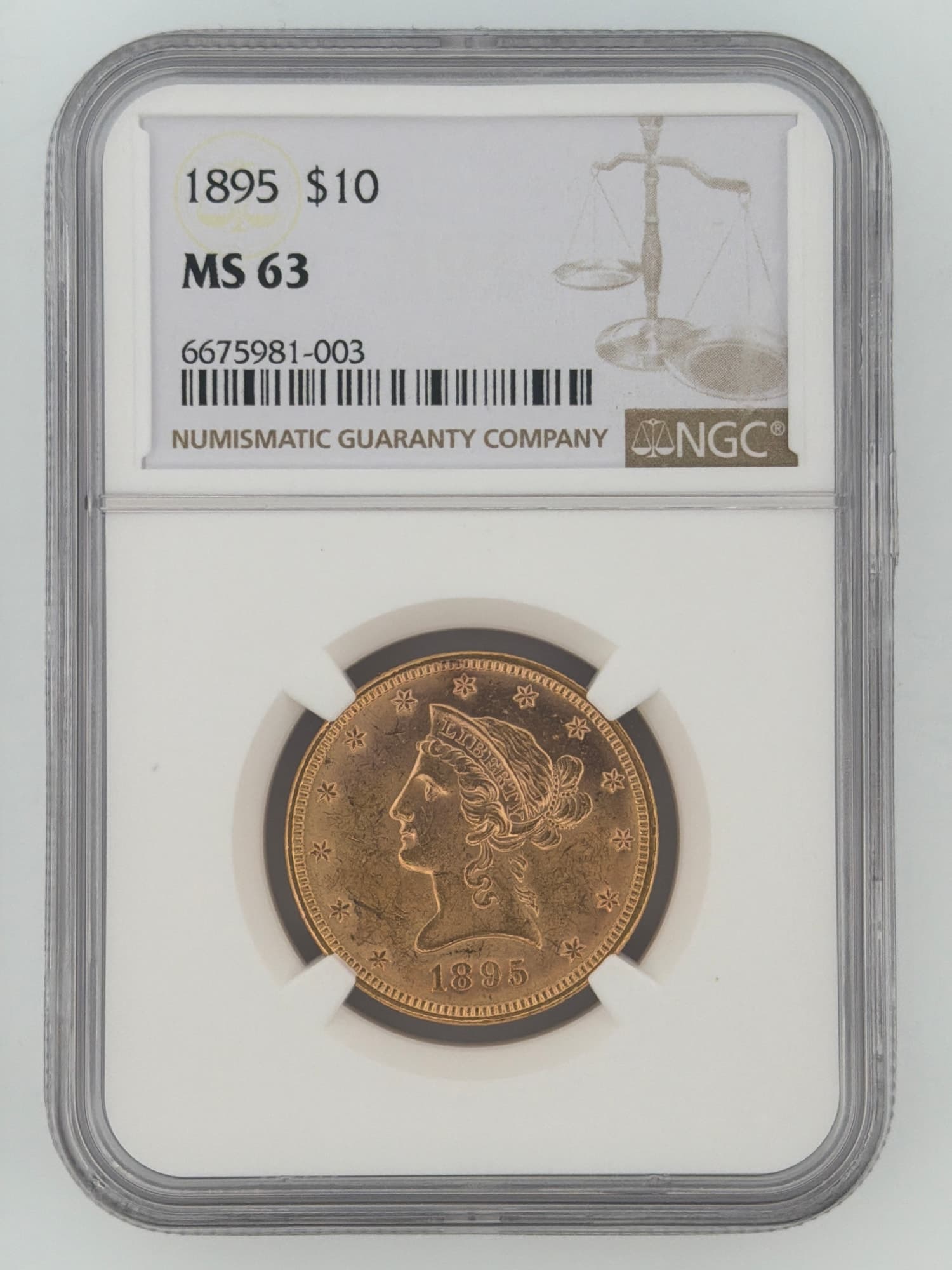 1895 Liberty Head Eagle $10 gold coin NGC MS-63 slab obverse showing coronet Liberty portrait and thirteen stars