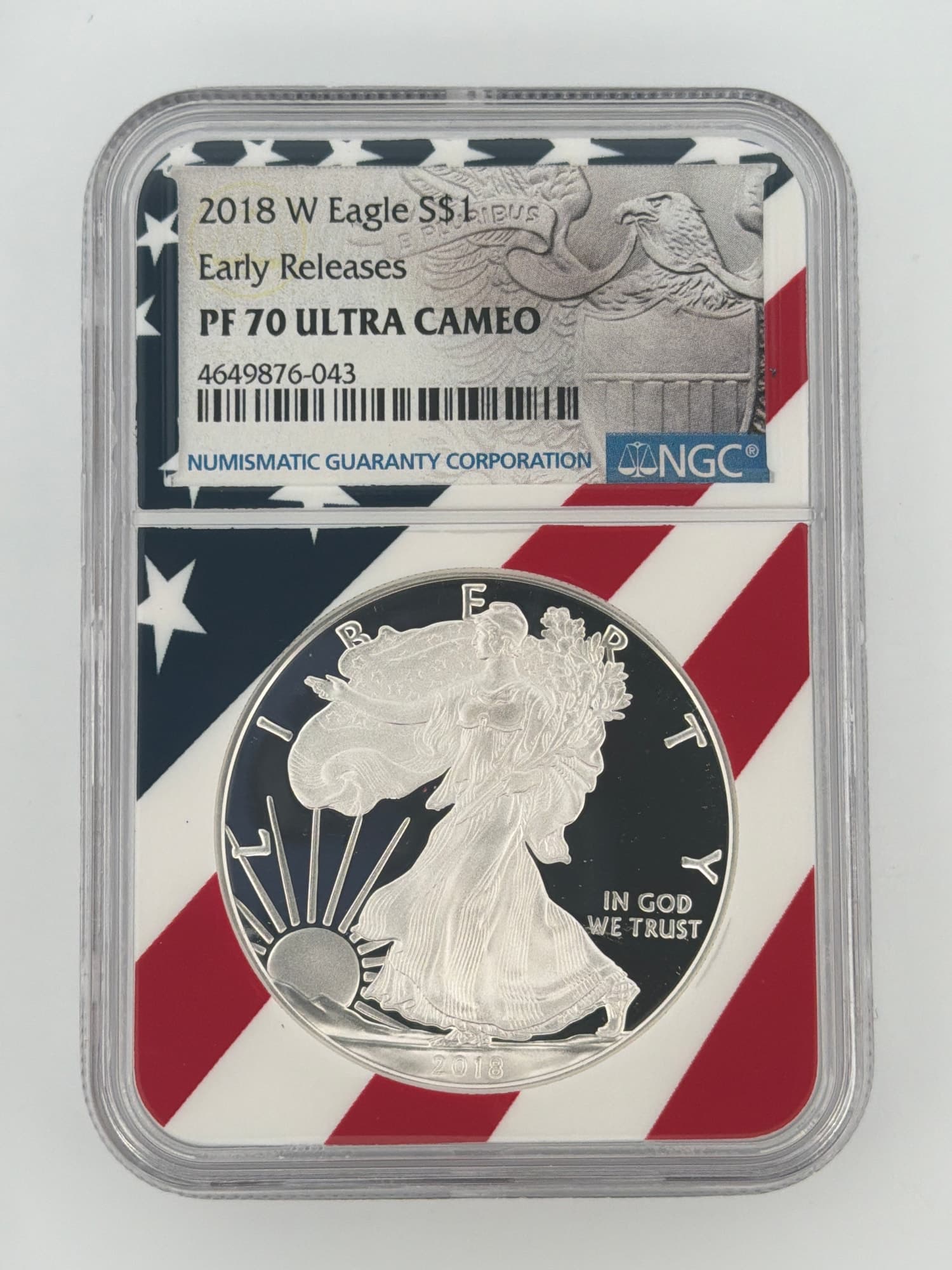 2018-W American Silver Eagle NGC PF70 Ultra Cameo Early Releases obverse in American flag-themed NGC slab showing Walking Liberty design