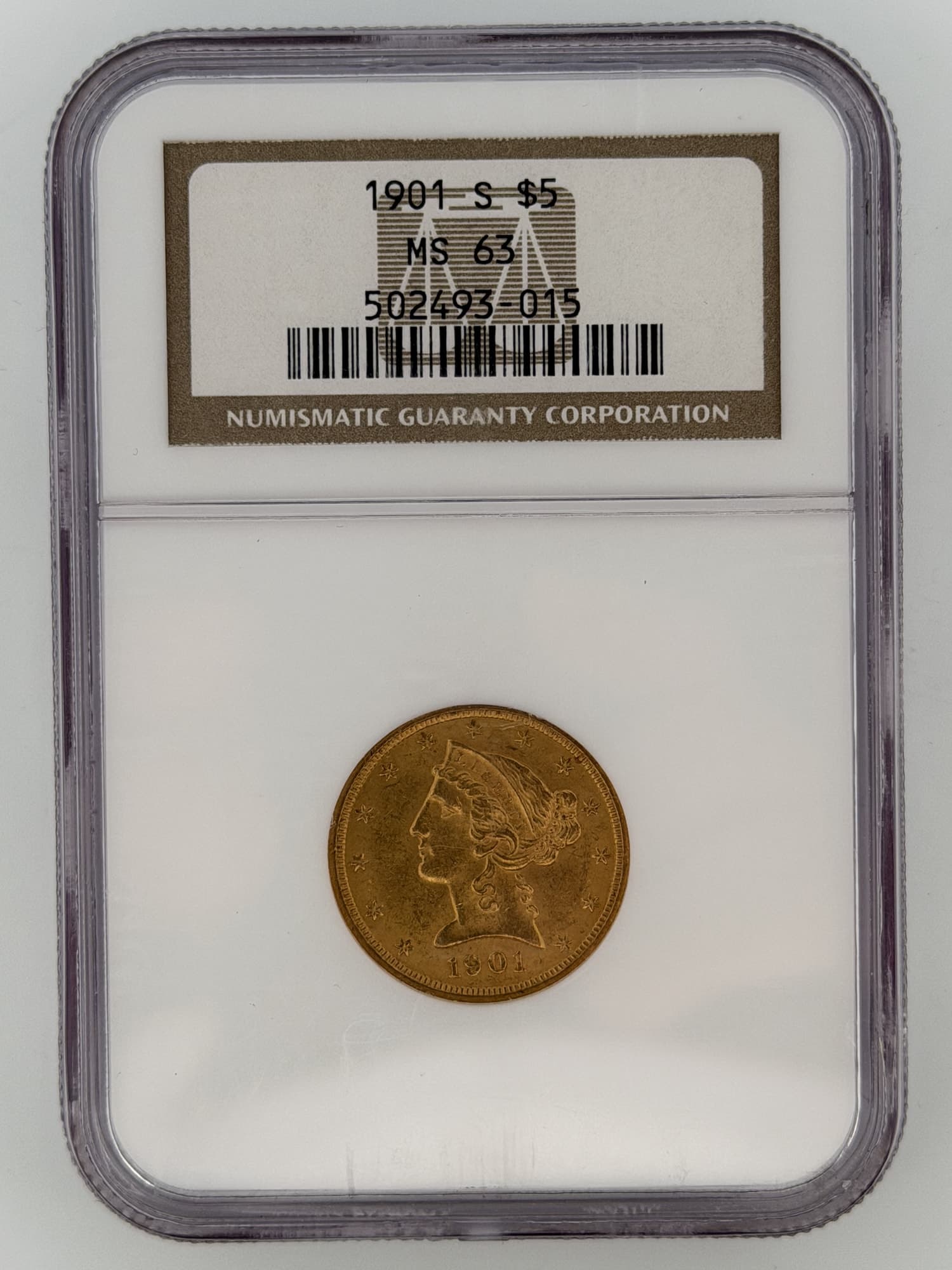 1901-S Liberty Head Half Eagle $5 gold coin obverse in NGC MS63 slab showing Coronet Liberty Head and NGC label