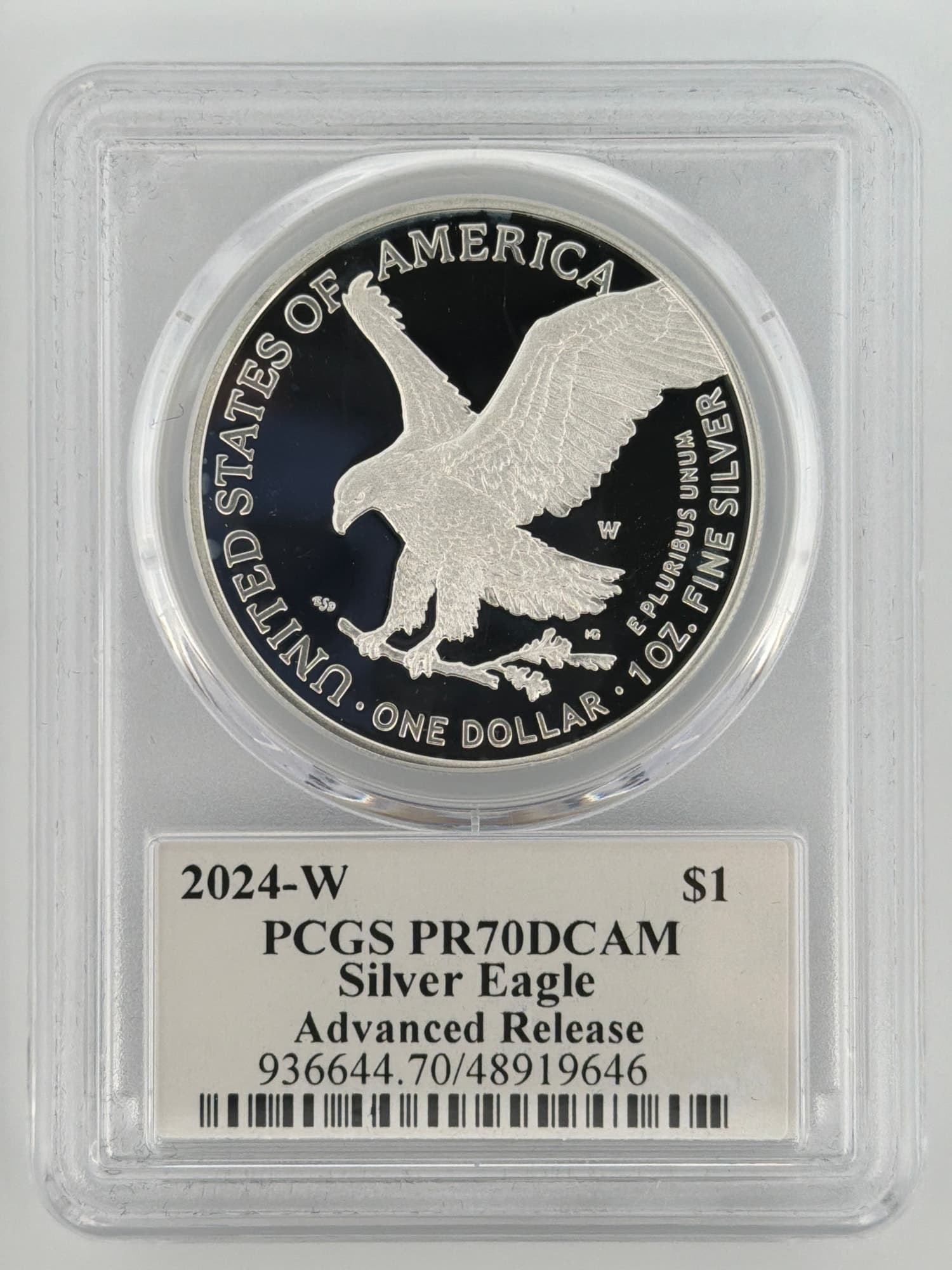 2024-W Proof Silver Eagle PCGS PR70DCAM Advanced Release slab showing redesigned Damstra reverse with landing bald eagle and coin label