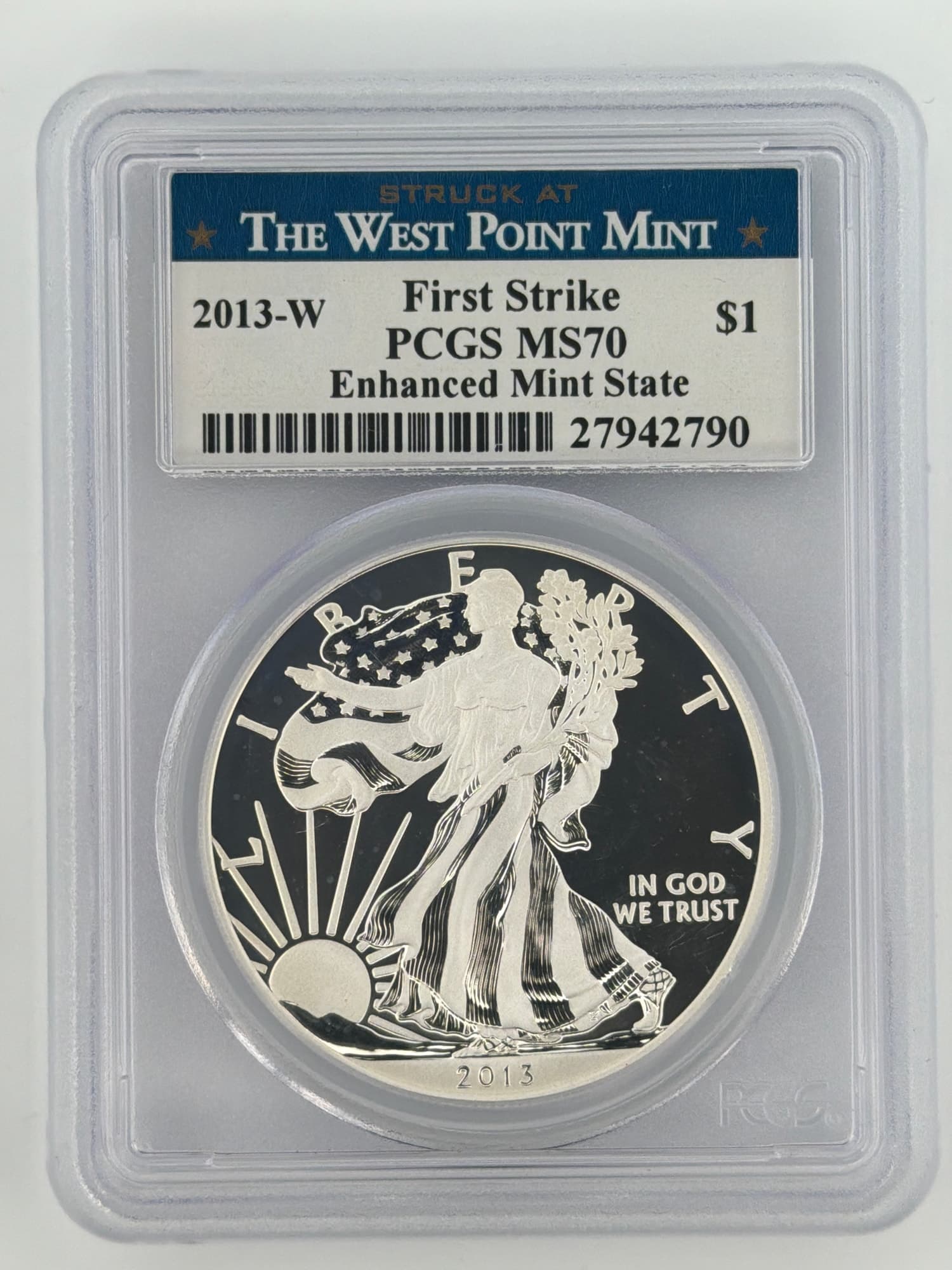 2013-W American Silver Eagle Enhanced Mint State PCGS MS70 First Strike obverse in West Point Mint labeled slab showing Walking Liberty desi