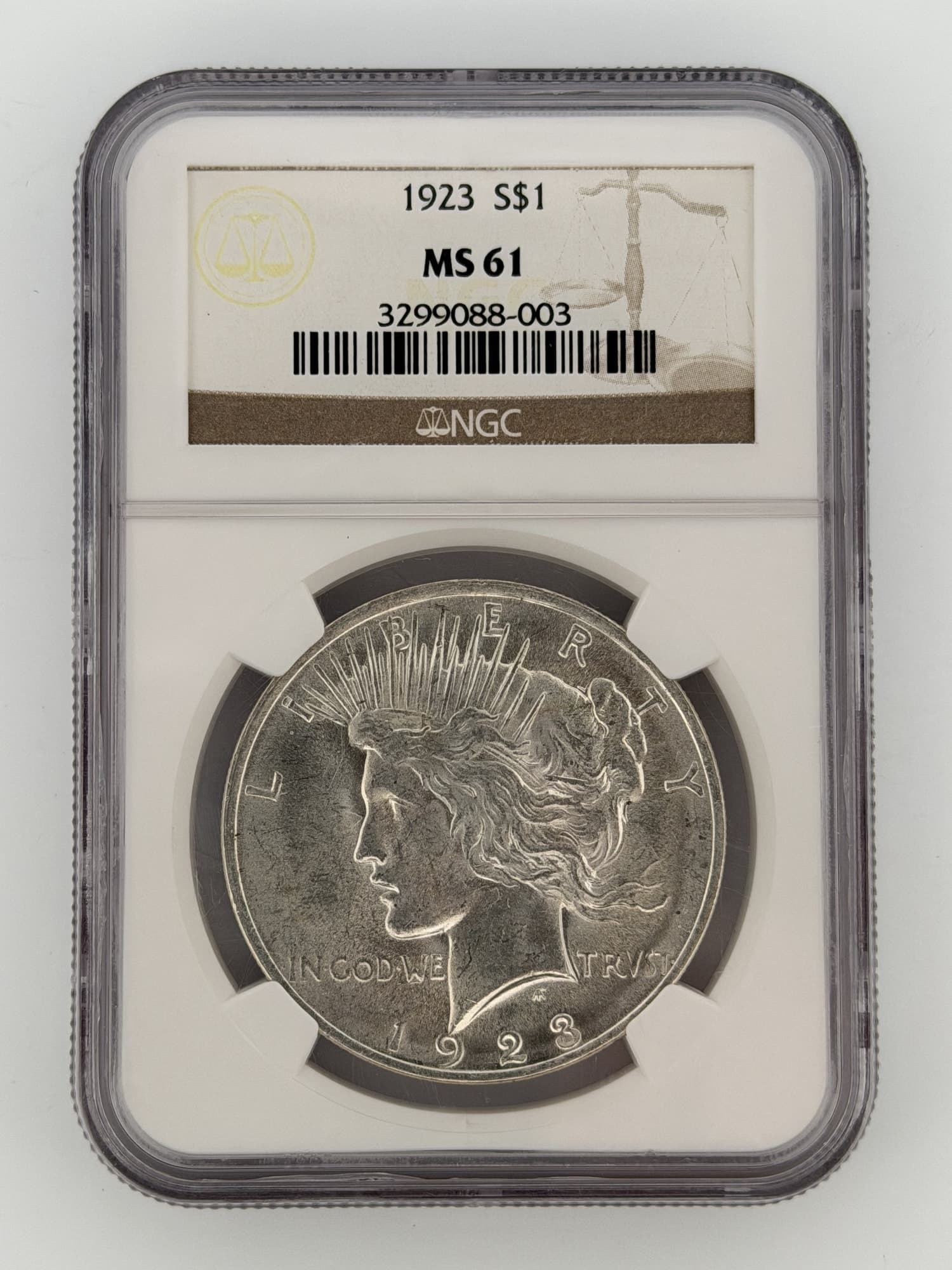 1923 Peace Dollar NGC MS 61 obverse showing Lady Liberty radiate crown portrait in sonically sealed NGC slab with cert 3299088-003