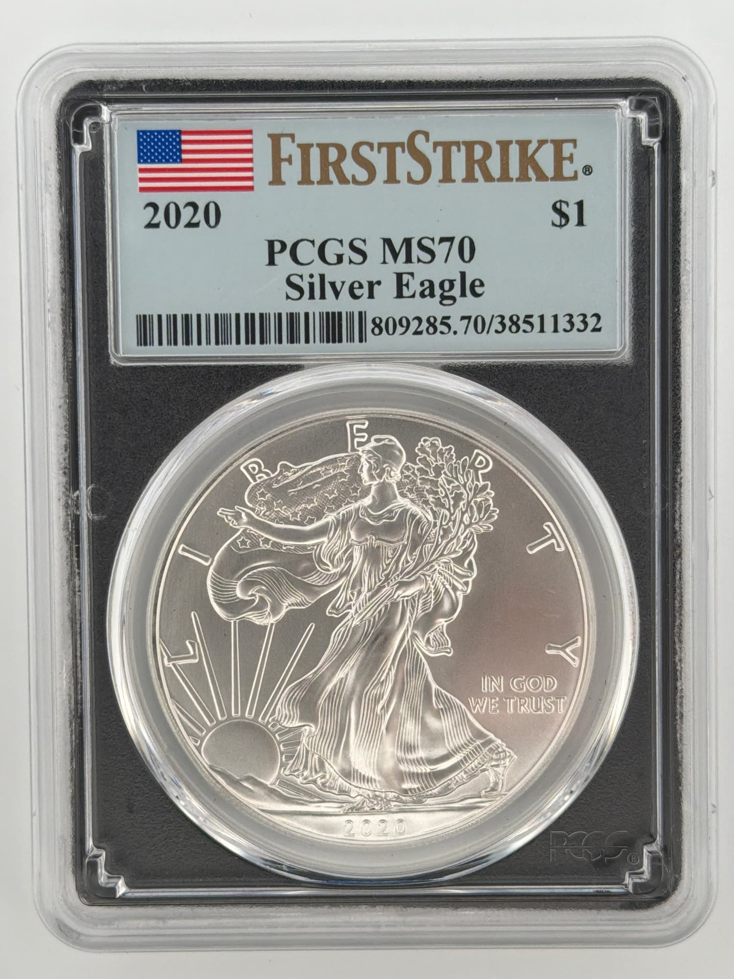 2020 American Silver Eagle PCGS MS70 First Strike obverse in slab showing Walking Liberty design and blue label