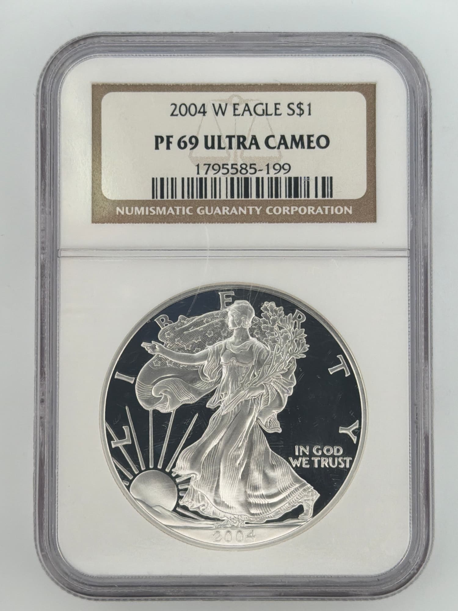 2004-W American Silver Eagle NGC PF-69 Ultra Cameo slab obverse showing Walking Liberty design with frosted cameo contrast