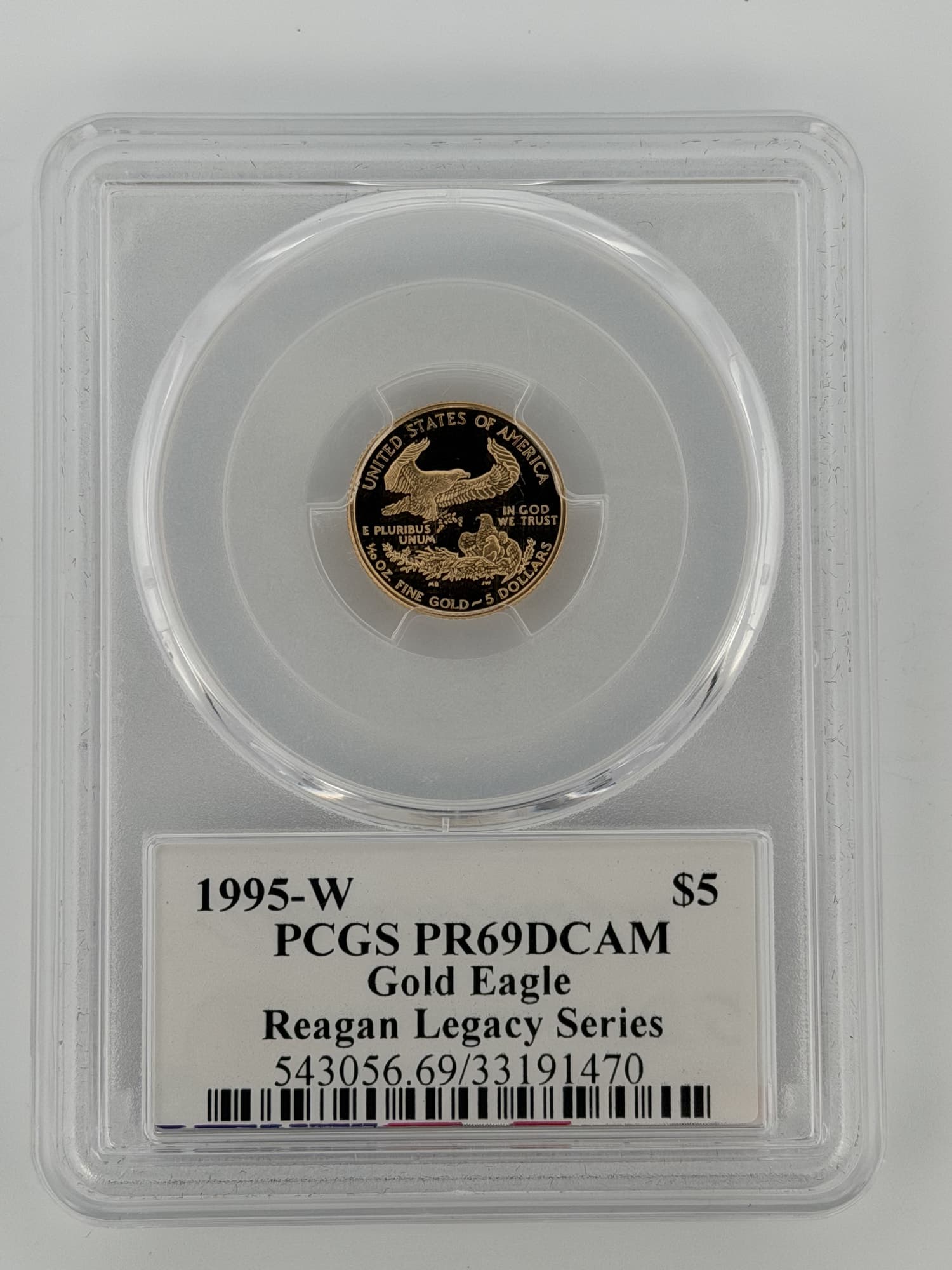 1995-W $5 American Gold Eagle PCGS PR69DCAM Reagan Legacy Series slab reverse showing eagle family nest design and label