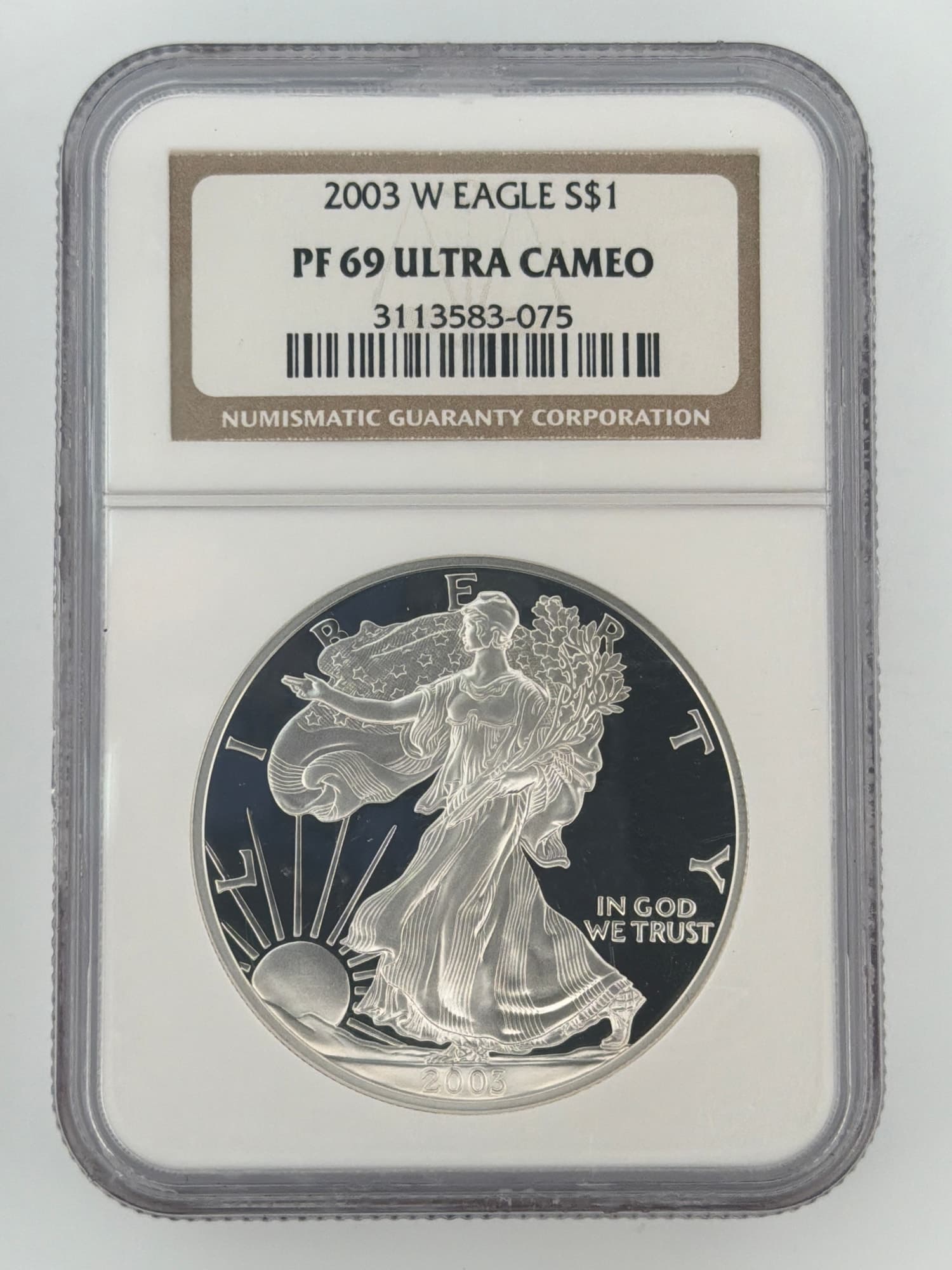 2003-W American Silver Eagle NGC PF-69 Ultra Cameo obverse in slab showing Walking Liberty design with frosted cameo devices and mirrored pr
