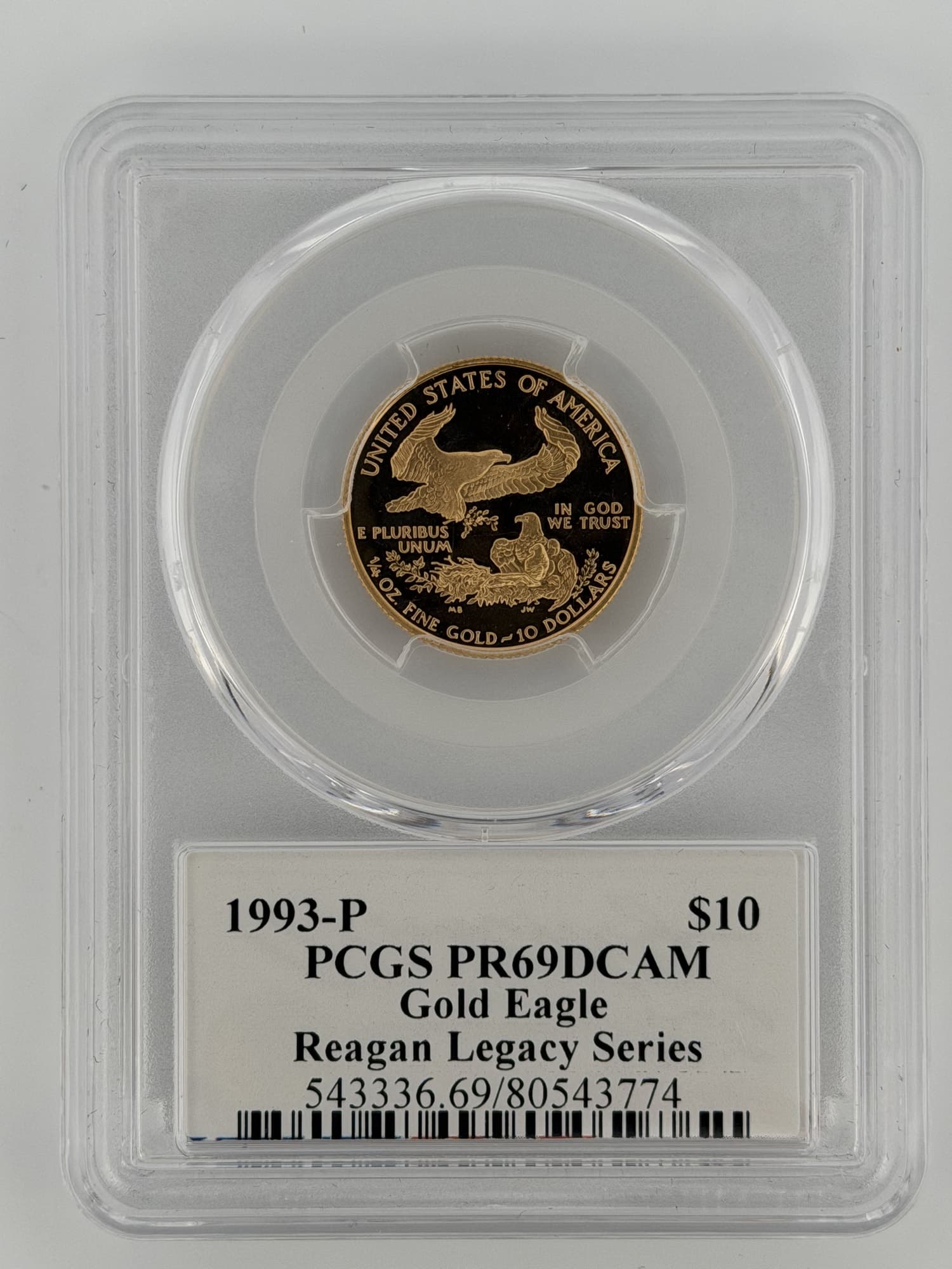 1993-P $10 American Gold Eagle Proof PCGS PR69DCAM Reagan Legacy Series slab reverse showing eagle design and label