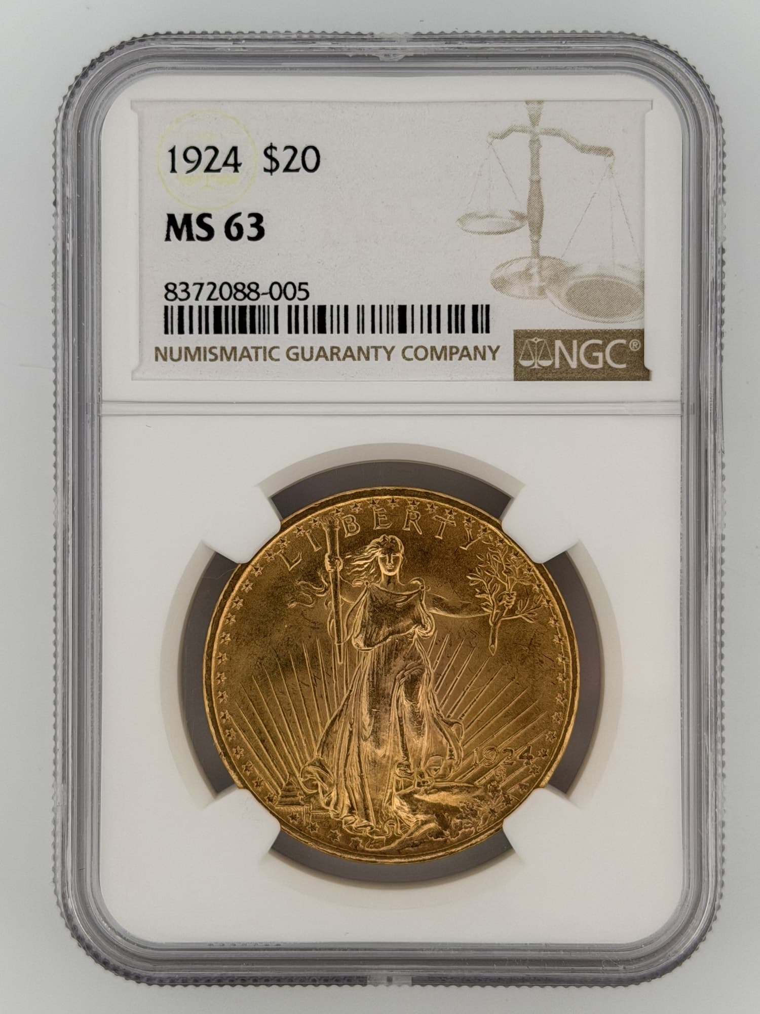1924 Saint-Gaudens Double Eagle $20 Gold NGC MS63 obverse showing Liberty striding with torch and olive branch in NGC slab