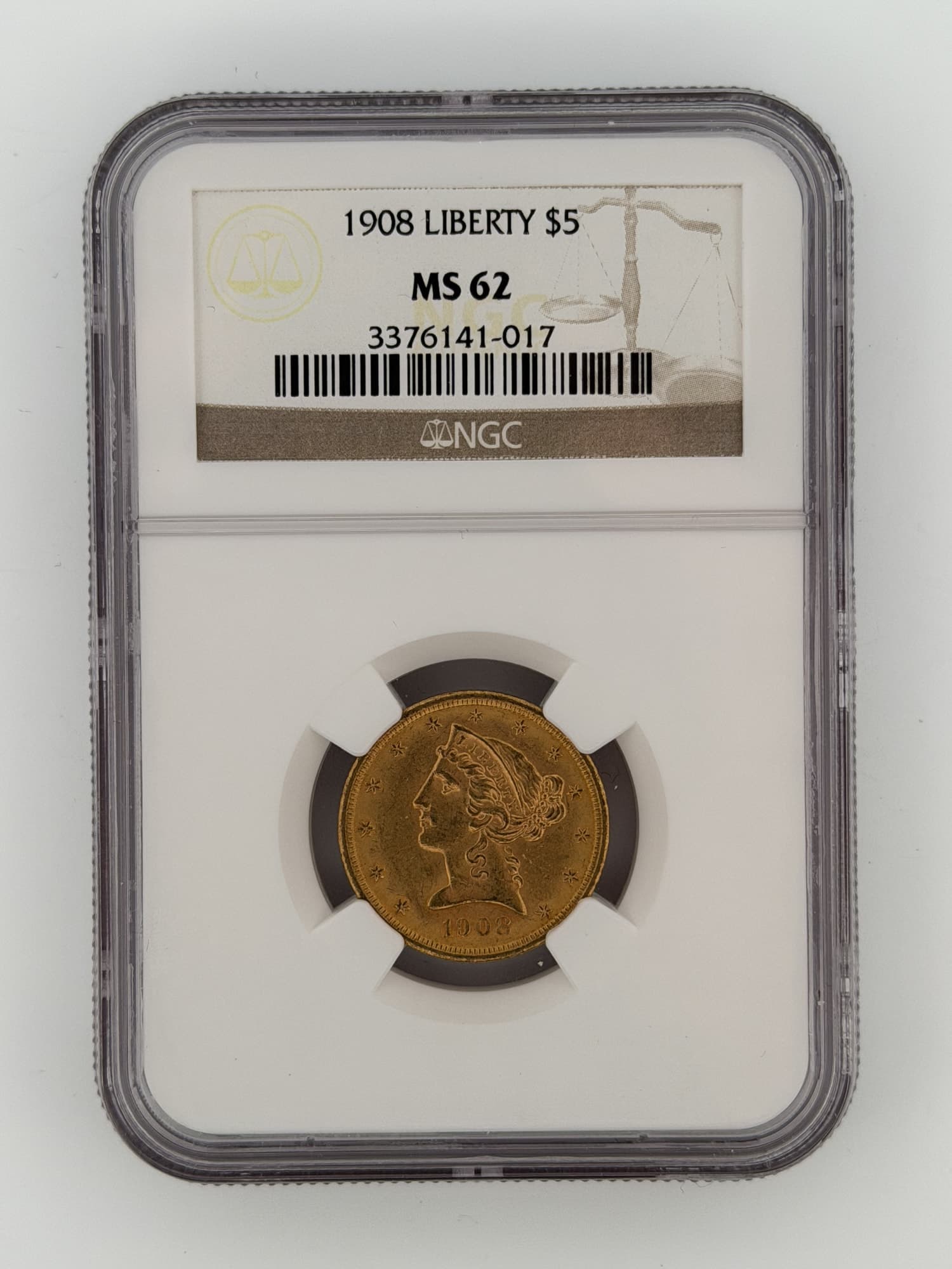 1908 Liberty Head Half Eagle $5 Gold NGC MS62 obverse showing Coronet Liberty portrait and 13 stars in NGC slab cert 3376141-017