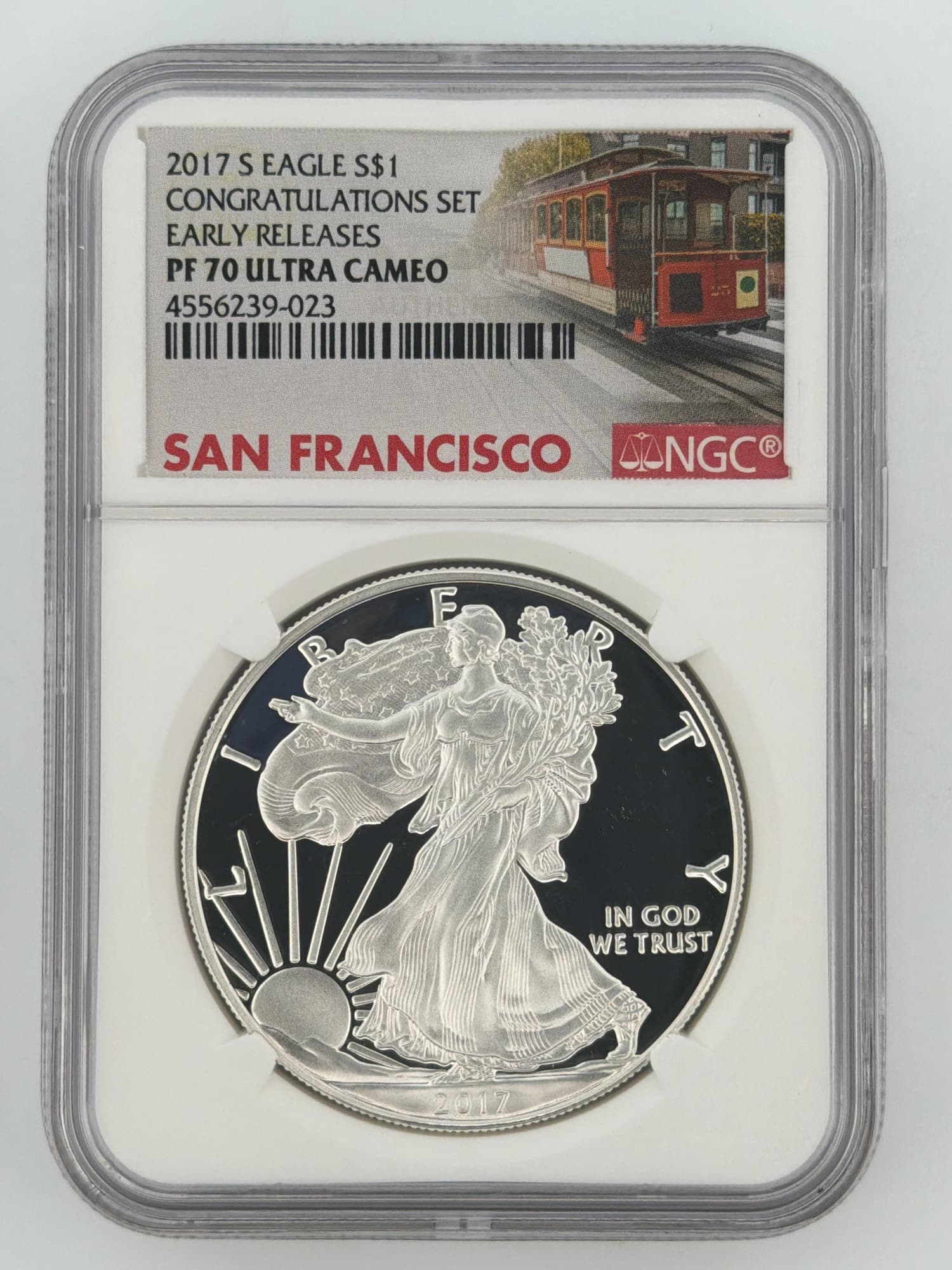 2017-S American Silver Eagle NGC PF70 Ultra Cameo Early Releases Congratulations Set obverse in San Francisco label slab