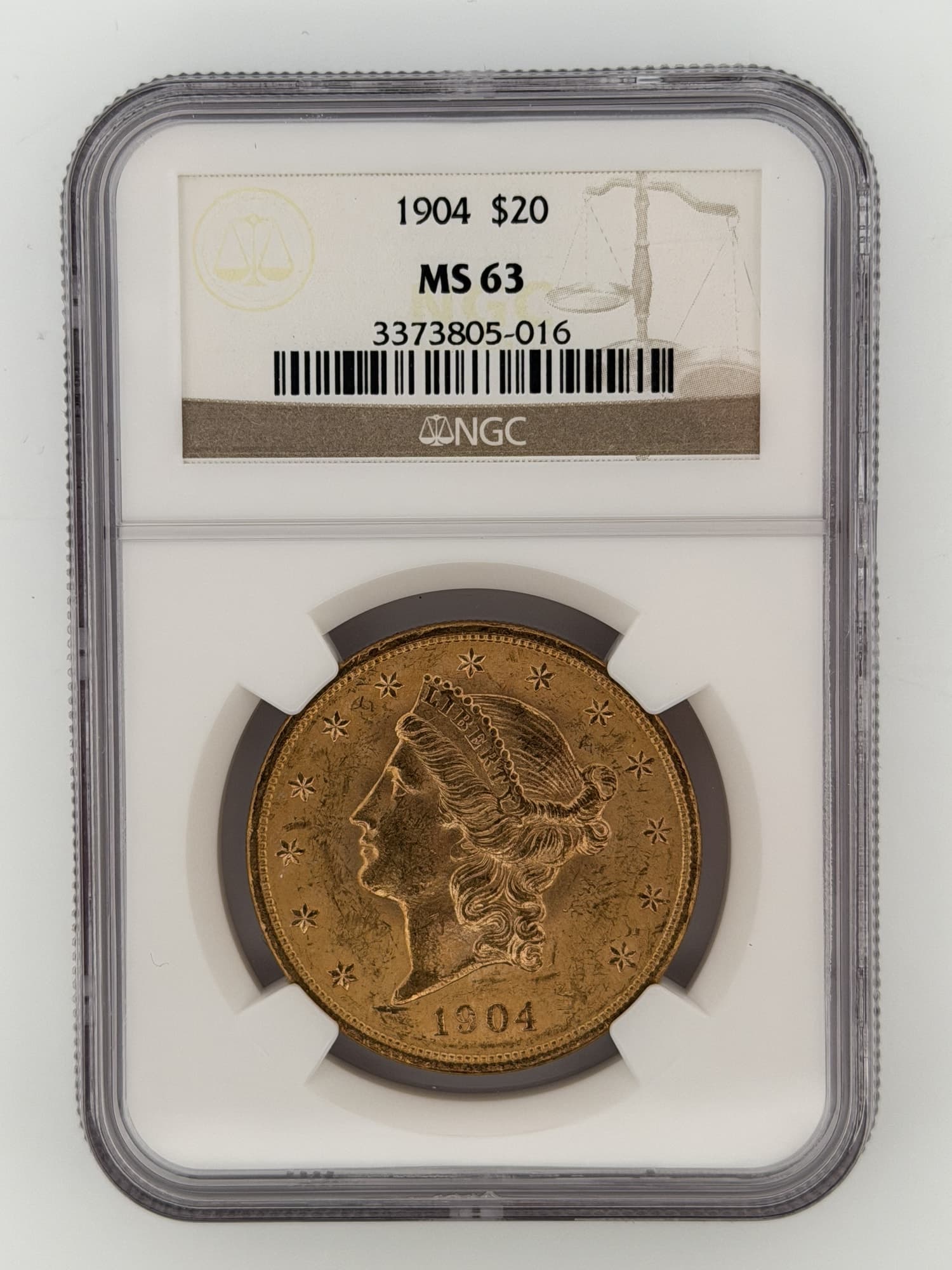 1904 Liberty Head Double Eagle $20 Gold NGC MS63 obverse showing Liberty portrait, 13 stars, and date in NGC slab
