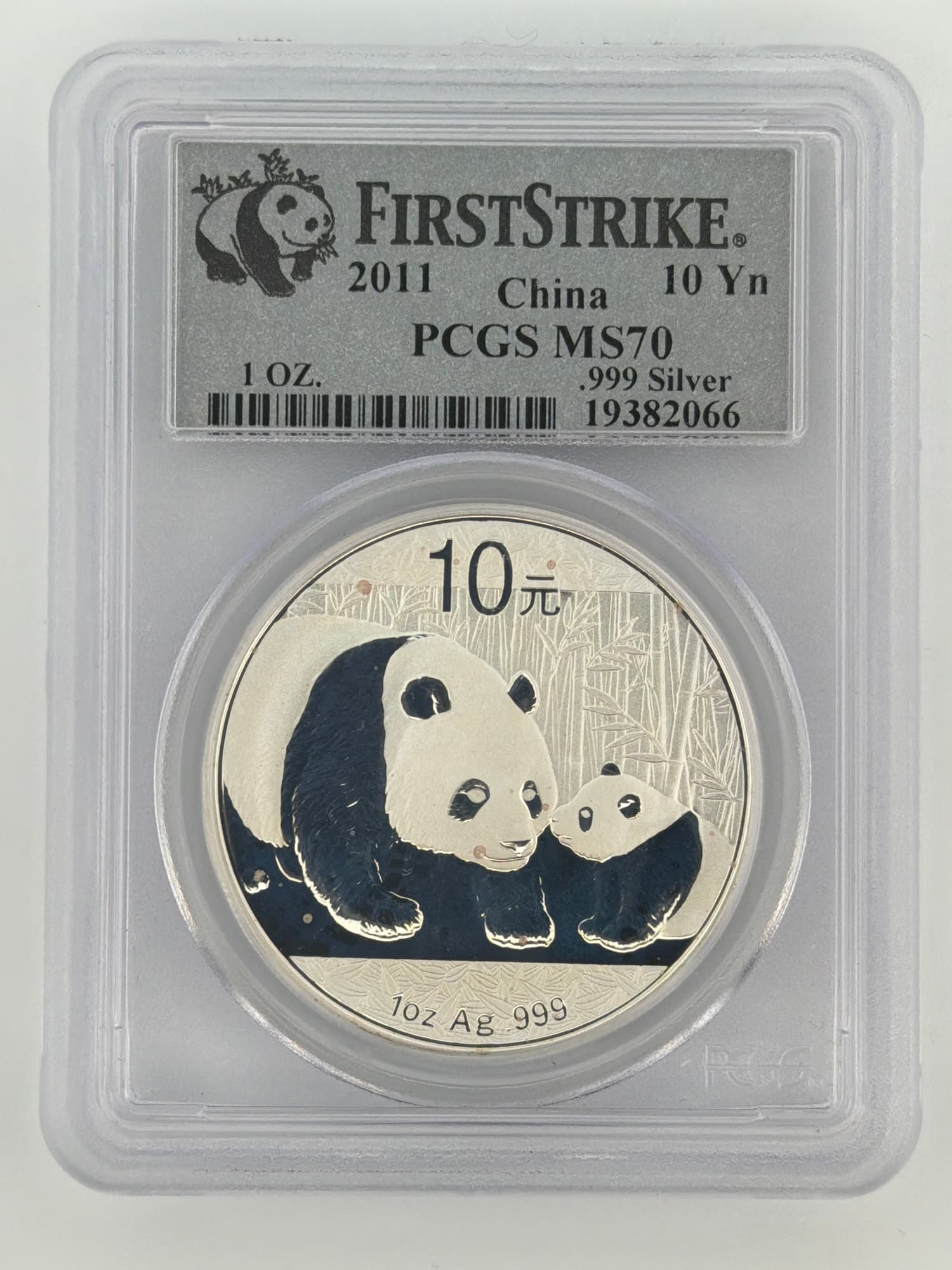2011 China Silver Panda 1 oz 10 Yuan PCGS MS70 First Strike slab obverse showing mother and cub panda in bamboo grove