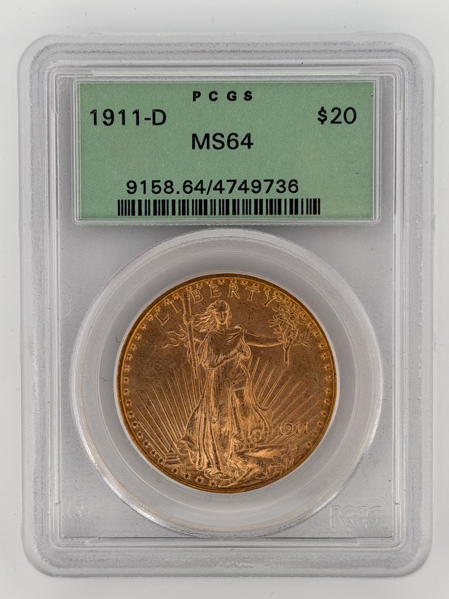 1911-D $20 Saint-Gaudens Double Eagle PCGS MS64 obverse showing Liberty with torch in PCGS green-label slab