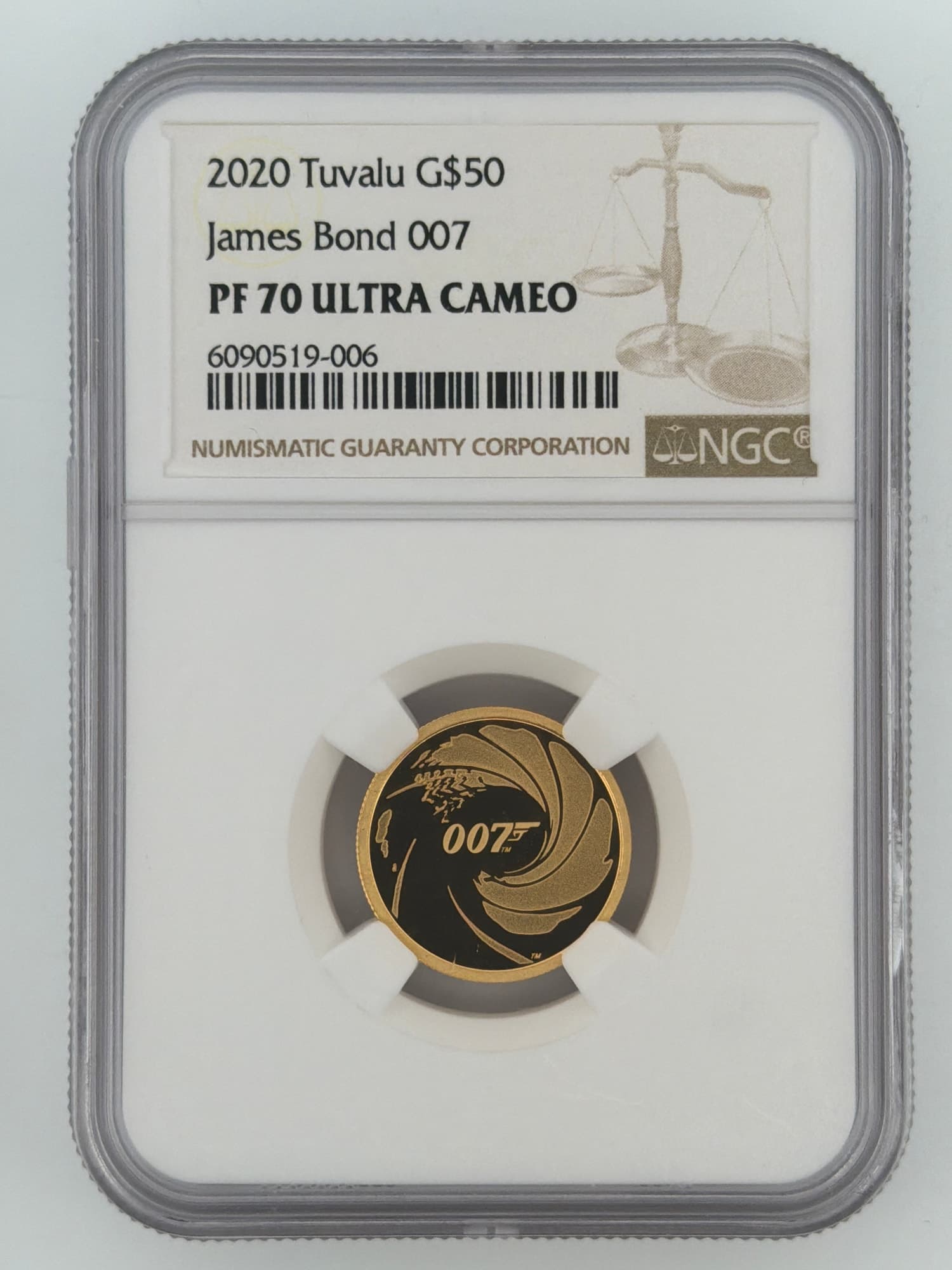 2020 Tuvalu James Bond 007 Gold $50 NGC PF70 Ultra Cameo slab obverse showing gun-barrel reverse design with 007 logo