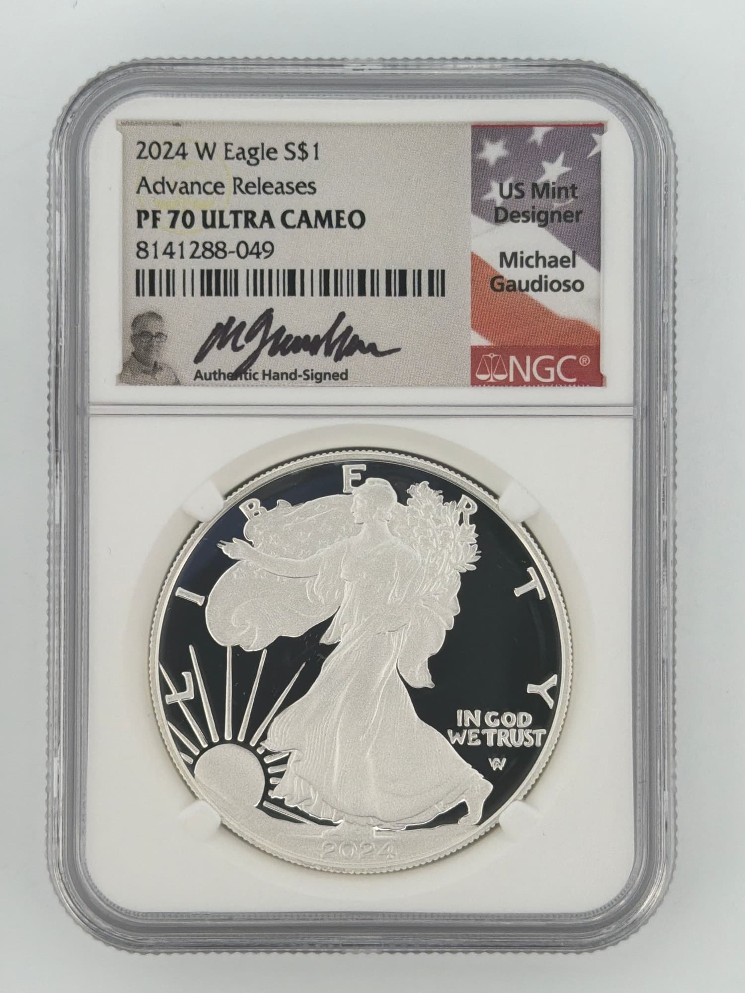 2024-W American Silver Eagle NGC PF70 Ultra Cameo slab obverse with Advance Releases and Michael Gaudioso hand-signed label