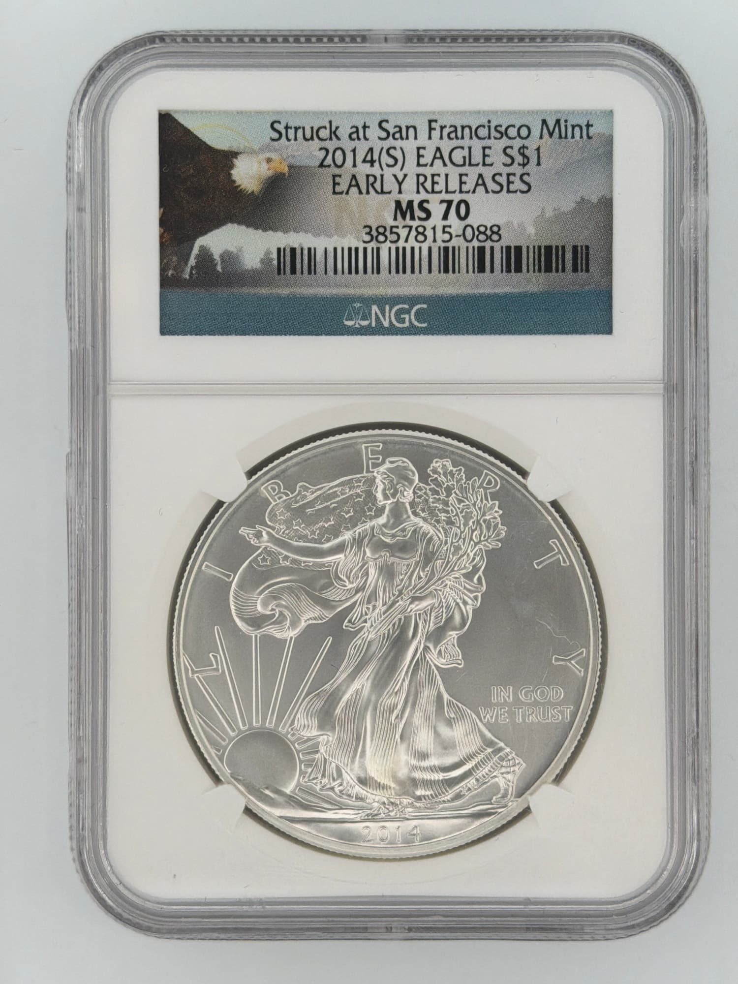 2014-S American Silver Eagle NGC MS70 Early Releases obverse in NGC slab, Walking Liberty design, San Francisco Mint