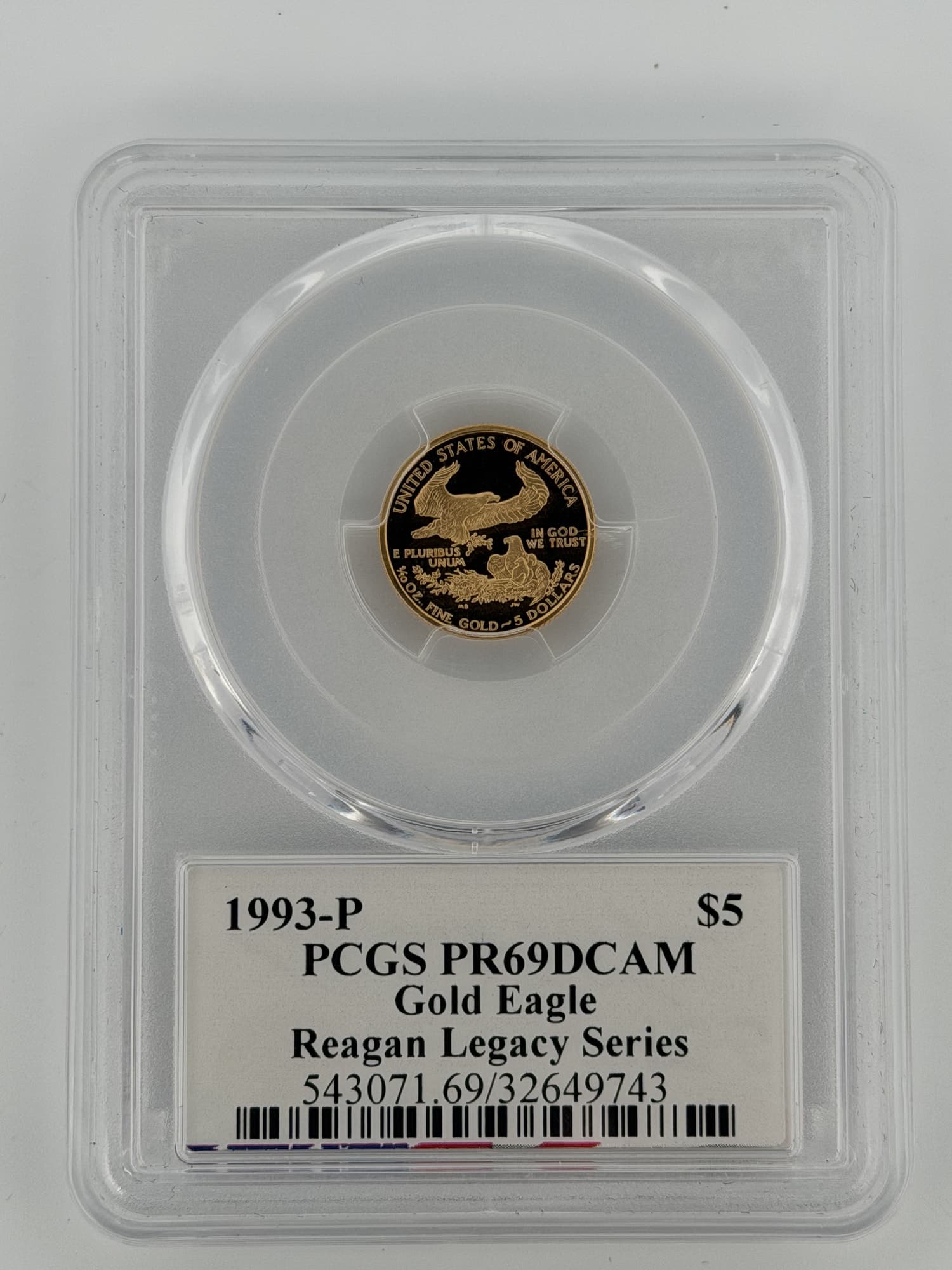 1993-P $5 American Gold Eagle PCGS PR69DCAM slab reverse showing eagle family design and Reagan Legacy Series label
