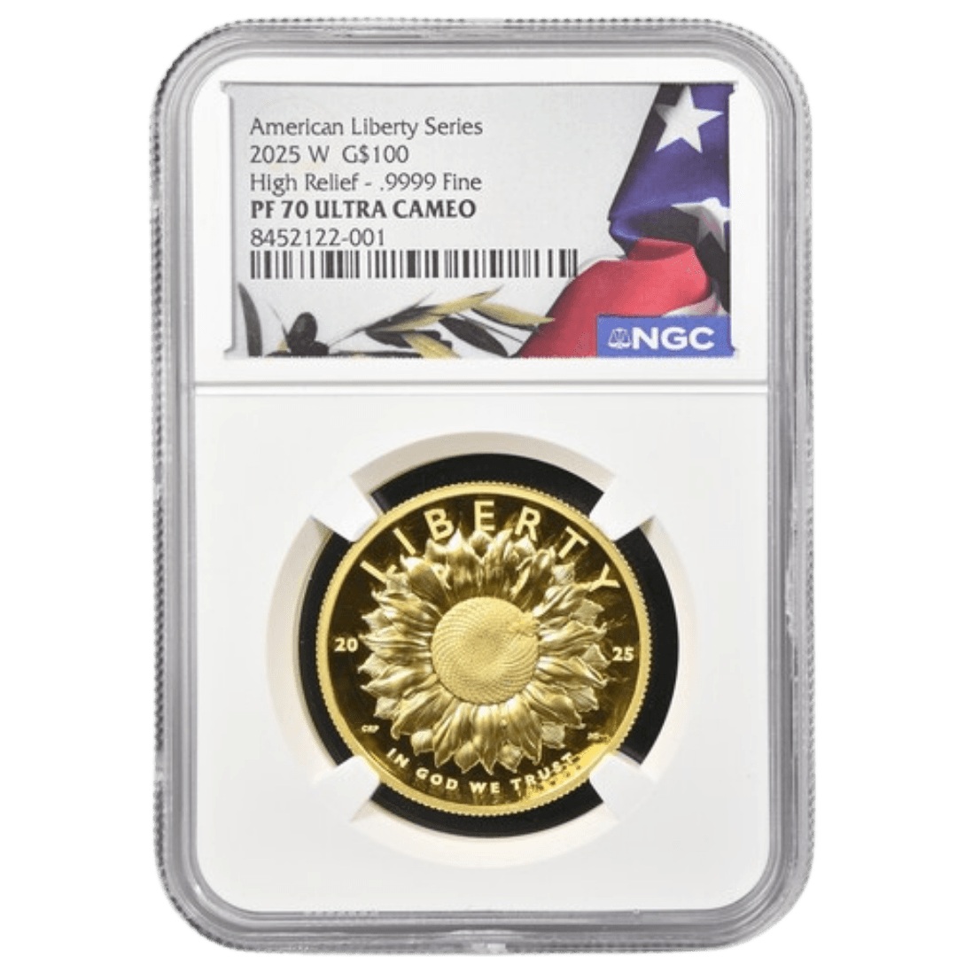 2025-W American Liberty High Relief $100 gold coin obverse showing sunflower Liberty design in NGC PF70 Ultra Cameo holder